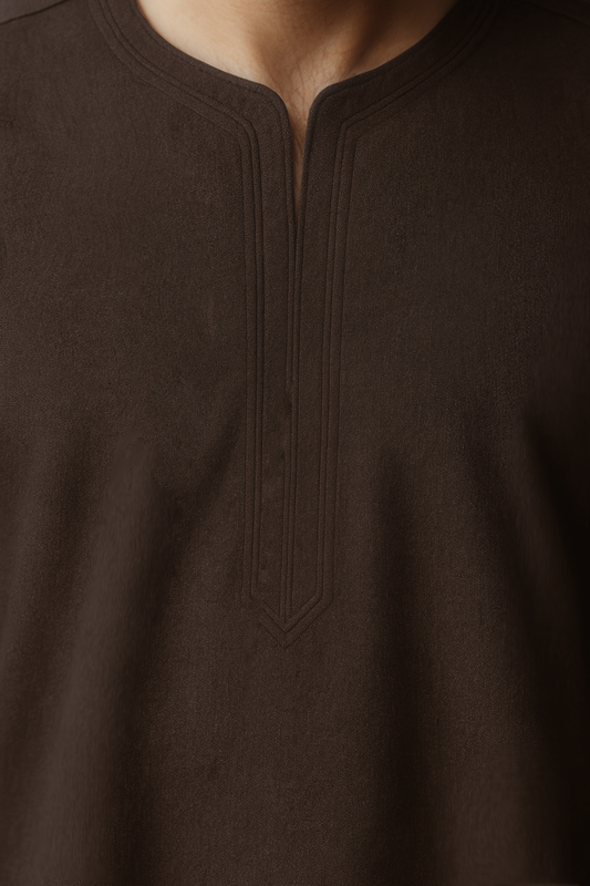 Close-up of a brown garment with a textured pattern
