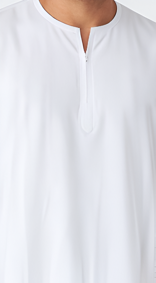 Close-up of a white shirt with a V-neck design on a light gray background